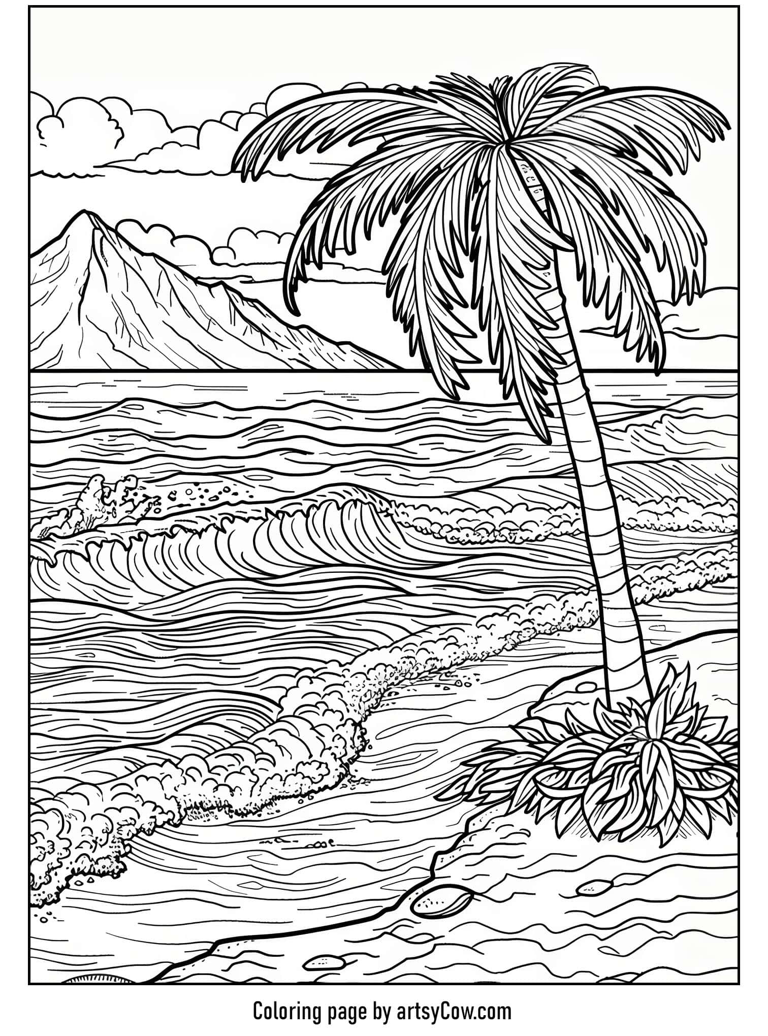 a detailed beach scene with a palm tree, ocean waves, and a distant mountain